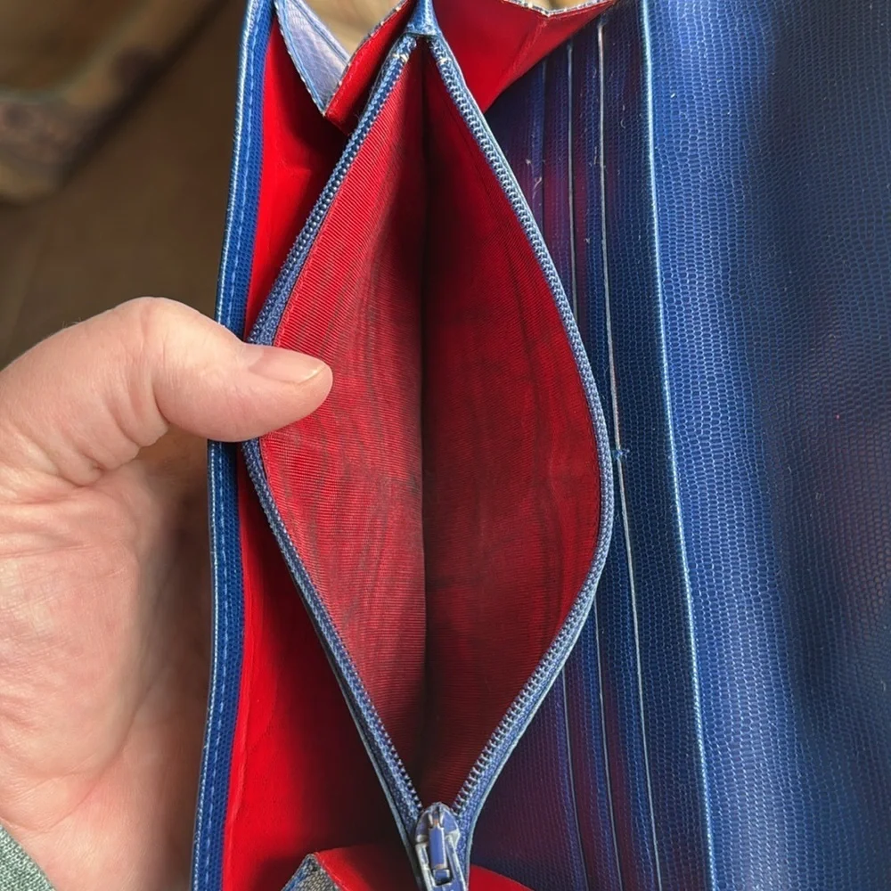Celine Blue Leather Large Wallet Red Interior Continental Snap Italy - Picture 8 of 9